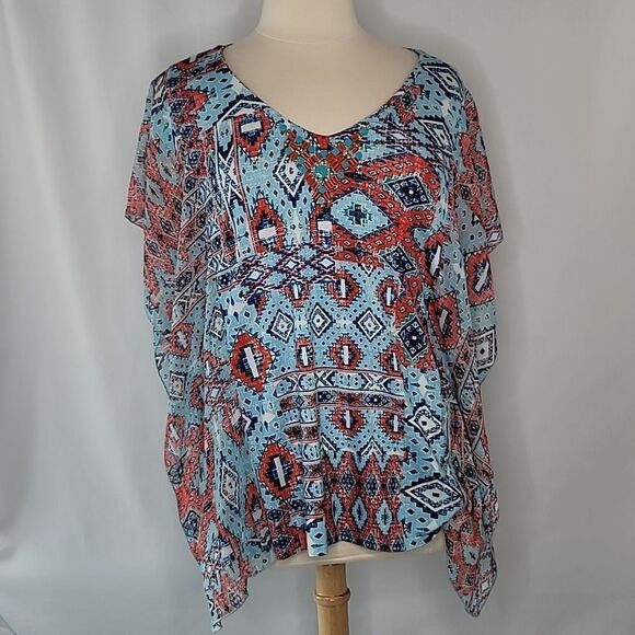 Ruby Rd Red &‎ Blue Embellished V-Neck Top - Picture 1 of 11